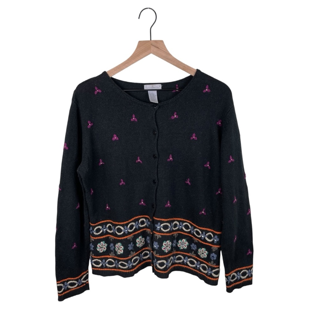 Vintage 90s Y2K Northwest Blue Wool Blend Nordic Embroidered Cardigan Size Large